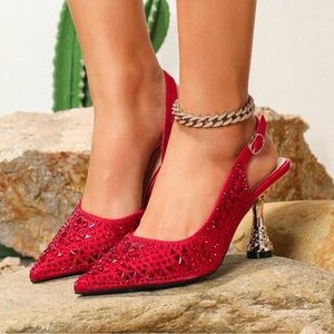 Chic Red Embellished Slingback Heels